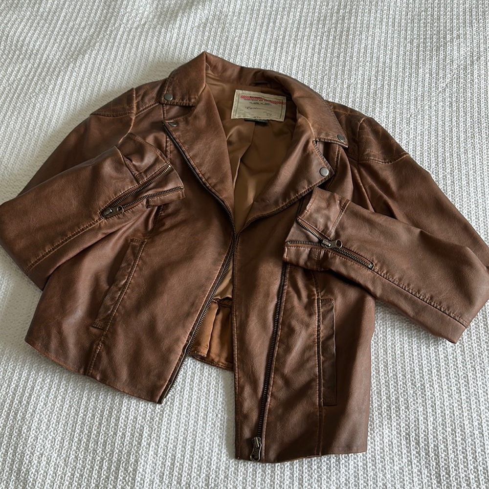 Anthropologie Vegan Brown Leather ruffle jacket